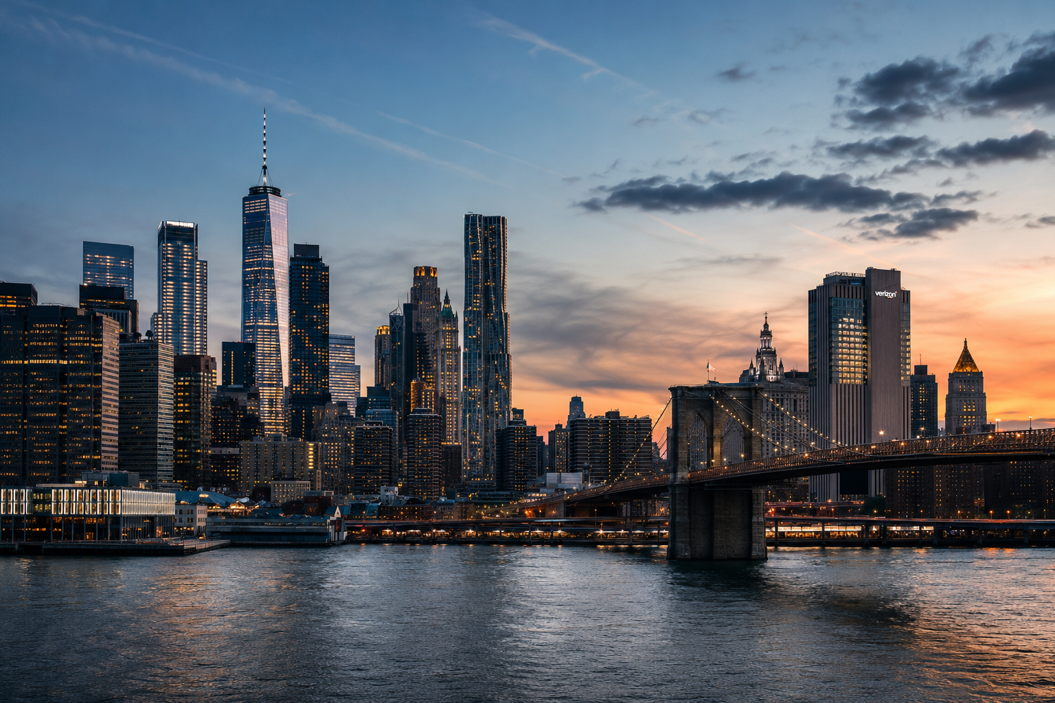 New York skyline and Brooklyn Bridge at sunset